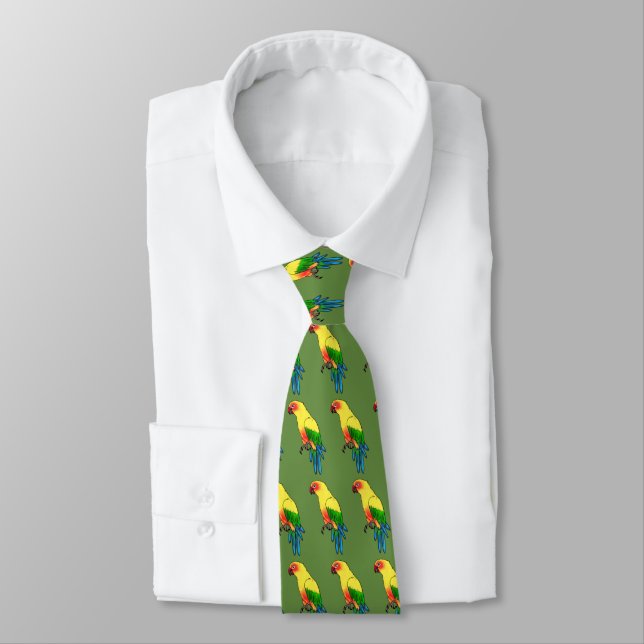 Multicolored Parrot Bird Pattern on Olive Green Tie (Tied)