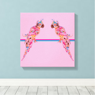 Multicolored Parrots on Pink Canvas Print