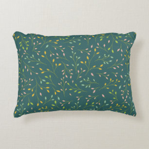 Multicolored Pastel Leaves on Dark Teal Botanical Decorative Cushion