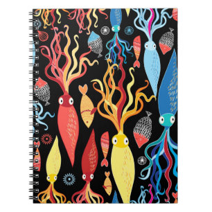 Multicolored pattern of different squid and fish o notebook