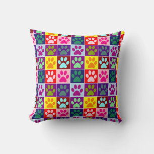 Multicolored Paws in Multicolored Squares Cushion
