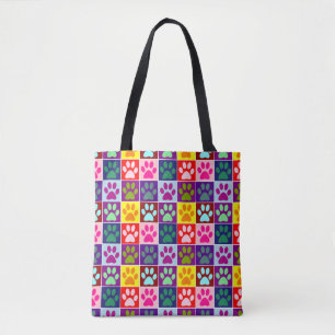 Multicolored Paws in Multicolored Squares Tote Bag