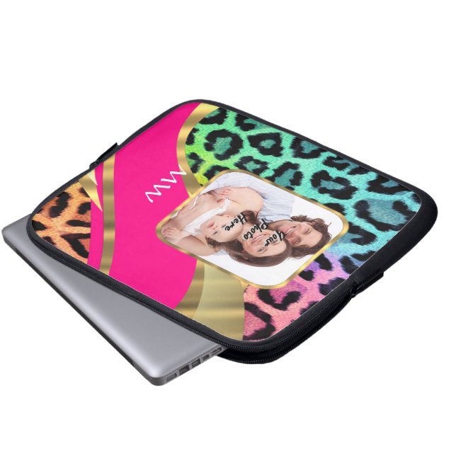 Multicolored pink leopard print laptop sleeve (Front Bottom)