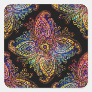 Multicolored Pinweel Paisley on Black Square Sticker