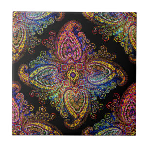 Multicolored Pinweel Paisley  on Black Tile