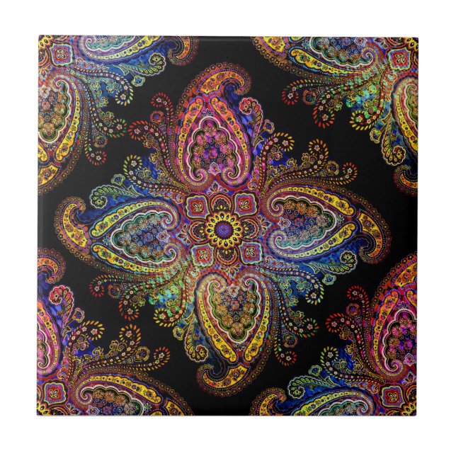 Multicolored Pinweel Paisley  on Black Tile (Front)