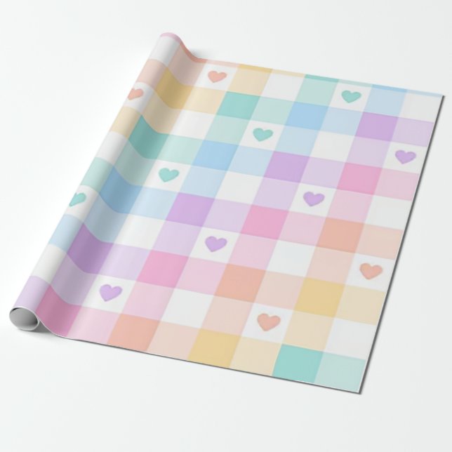 Multicolored Plaid Pastel Hearts Wrapping Paper (Unrolled)