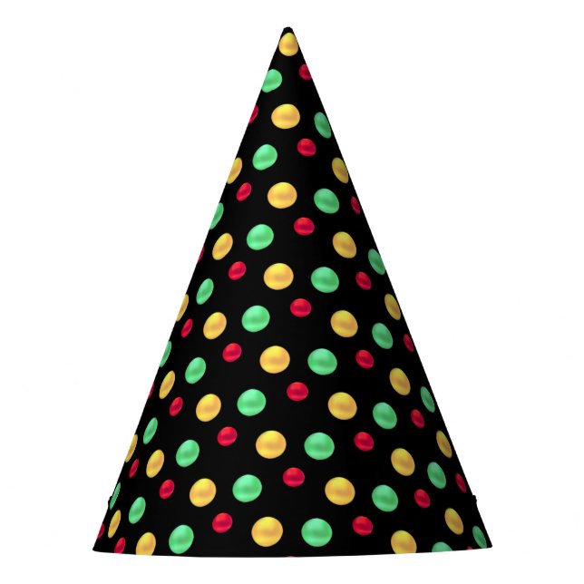 Multicolored Polka Dots on Black Party Hat (Front)