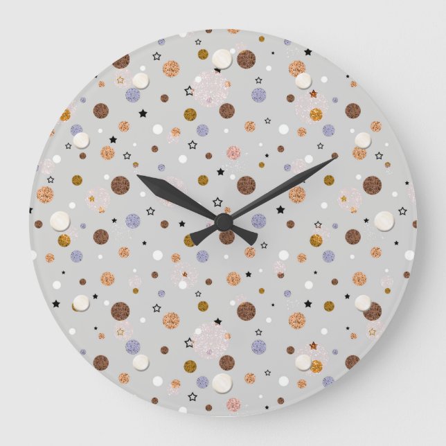 Multicolored polka dots on grey. large clock (Front)