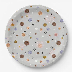 Multicolored polka dots on grey.  paper plate