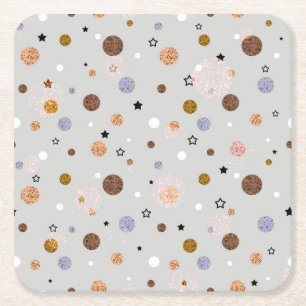 Multicolored polka dots on grey. square paper coaster