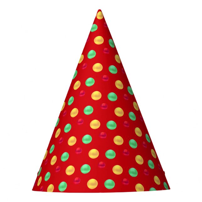 Multicolored Polka Dots on Red Party Hat (Front)