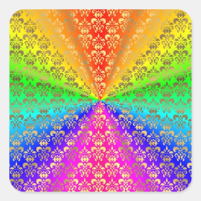 Multicolored rainbow coloured damask square sticker (Front)
