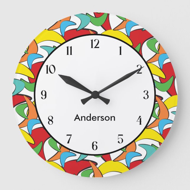 Multicolored Retro Boomerang Pattern Large Clock (Front)