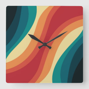 Multicolored retro style waves design square wall clock