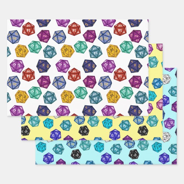 Multicolored RPG D20 Dice Wrapping Paper Sheet (Set)