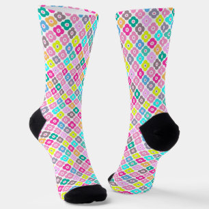 Multicolored rustic flower pattern on white  socks