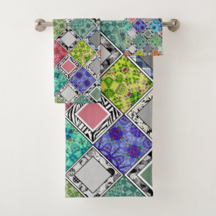 Multicolored , rustic , patchwork , patches bath towel set