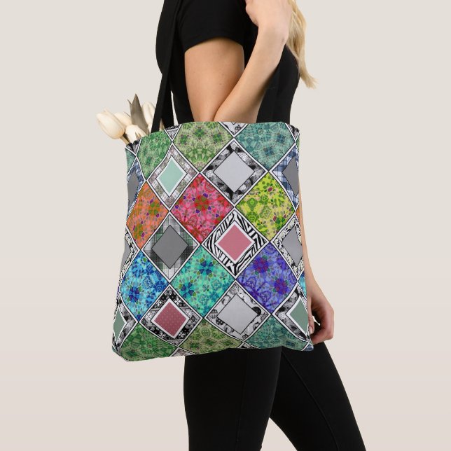 Multicolored , rustic , patchwork , patches   tote bag (Close Up)