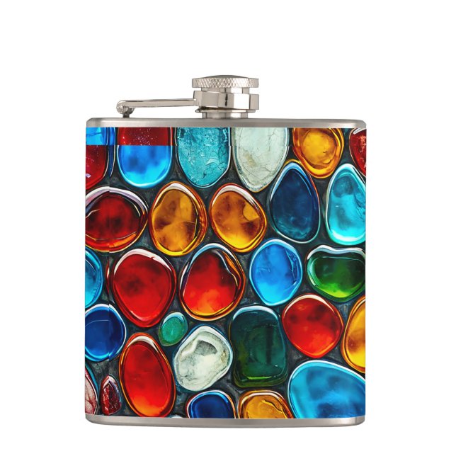 Multicolored sea pebbles hip flask (Front)