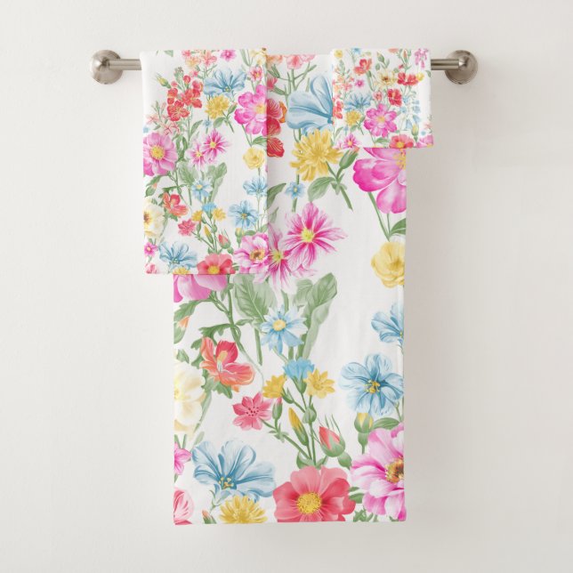 Multicolored Spring Flowers Bath Towel Set (Insitu)