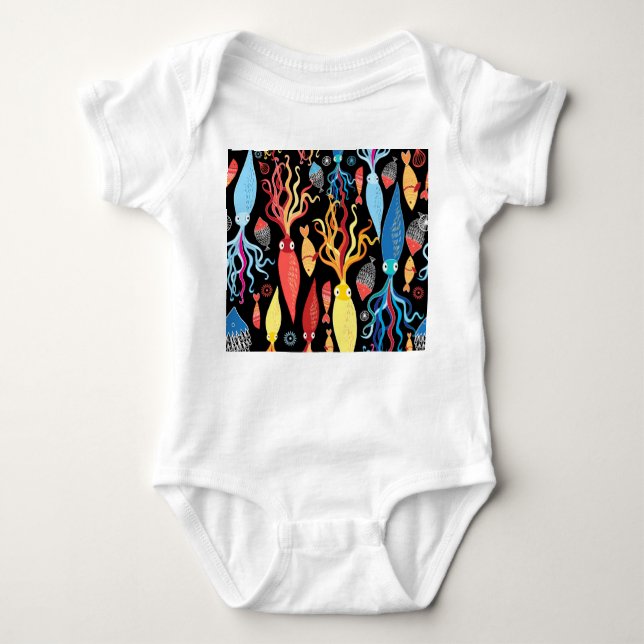 Multicolored Squid Fish Black Background Baby Bodysuit (Front)