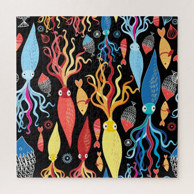 Multicolored Squid Fish Black Background Jigsaw Puzzle (Vertical)