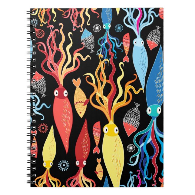 Multicolored Squid Fish Black Background Notebook (Front)