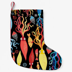 Multicolored Squid Fish Black Background Small Christmas Stocking