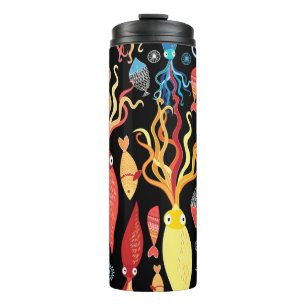 Multicolored Squid Fish Black Background Thermal Tumbler