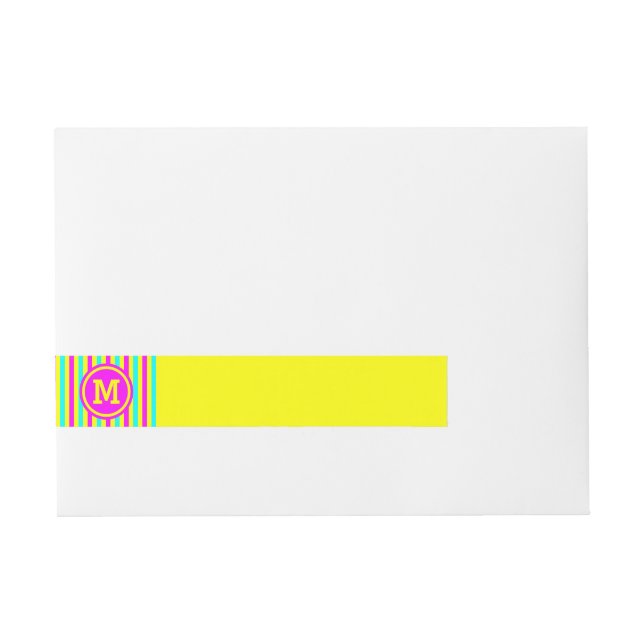 Multicolored Stripe Yellow Monogram Wraparound Address Label (Front)