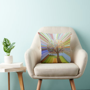 Multicolored Stripes Autumn Tree Art Cushion