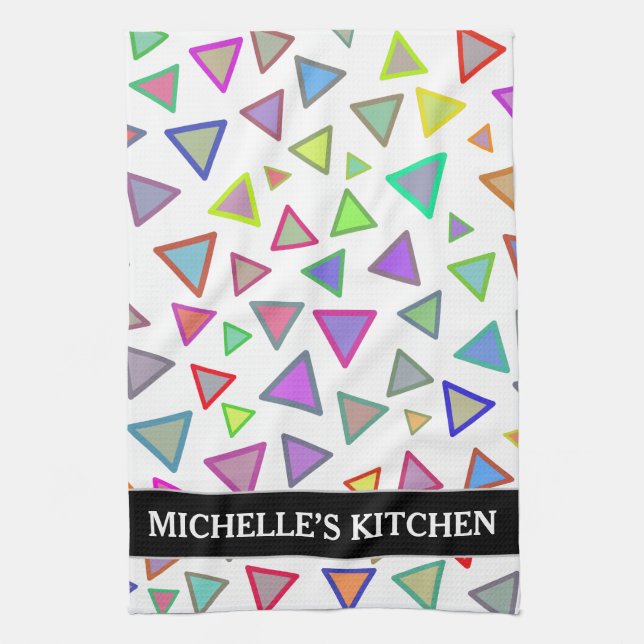 Multicolored Triangles Pattern + Custom Name Tea Towel (Vertical)