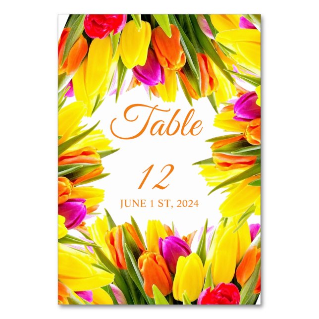 Multicolored Tulips Bouquet Thunder_Cove Table Number (Front)