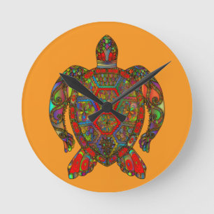 Multicolored Turtle Orange Round Clock