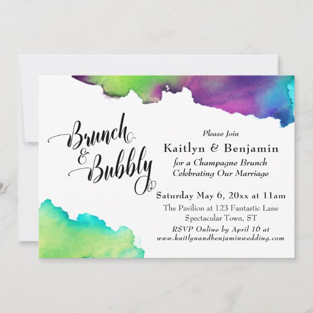 Multicolored Watercolor Brunch & Bubbly Script Invitation (Front)