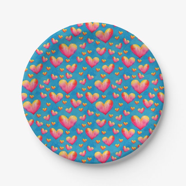 Multicolored Watercolor Hearts Paper Plates (Front)