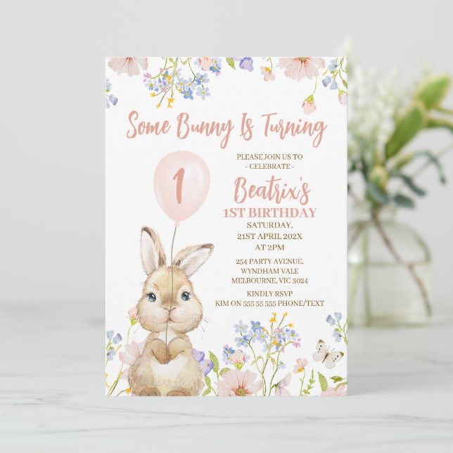 Multicolored Wildflower Some Bunny 1st Birthday Invitation (Standing Front)