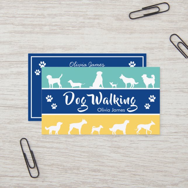 Multicolour stripe dog walking pet care animal business card (Front/Back In Situ)