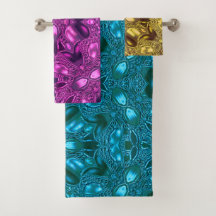 Multicolour Teal-Fuchsia-Gold Bath Towel Set