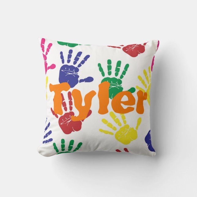 Multicoloured handprint children's personalised cushion (Front)