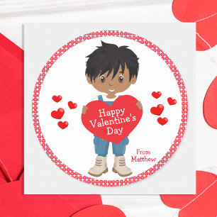 Multicultural Boy Happy Valentine's Day Classic Round Sticker