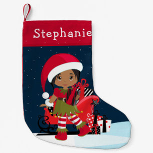 Multicultural Elf Girl with Rudolph Small Christmas Stocking