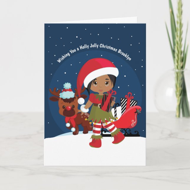 Multicultural Girl Elf Holiday Card (Front)