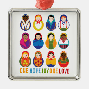 Multicultural Nesting Dolls One Love World Peace Metal Tree Decoration
