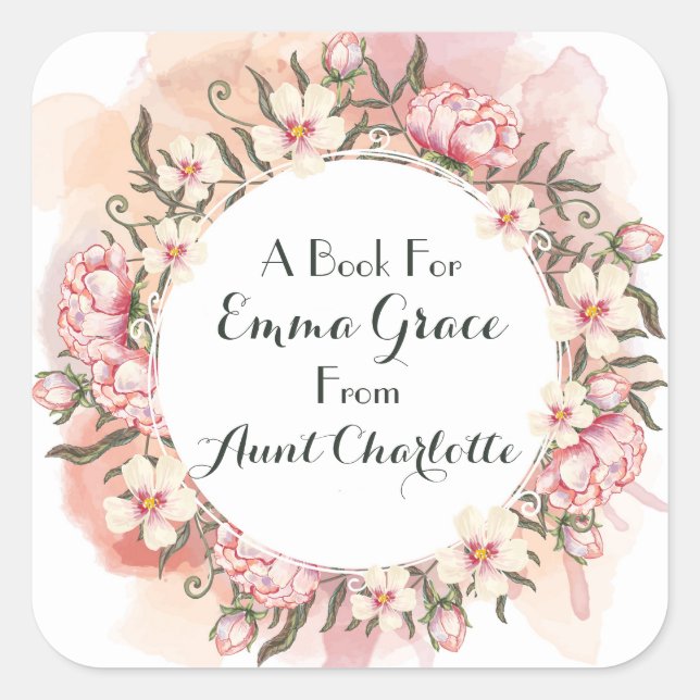 Multifloral Pink Peony Wreath Gift Bookplate Square Sticker (Front)