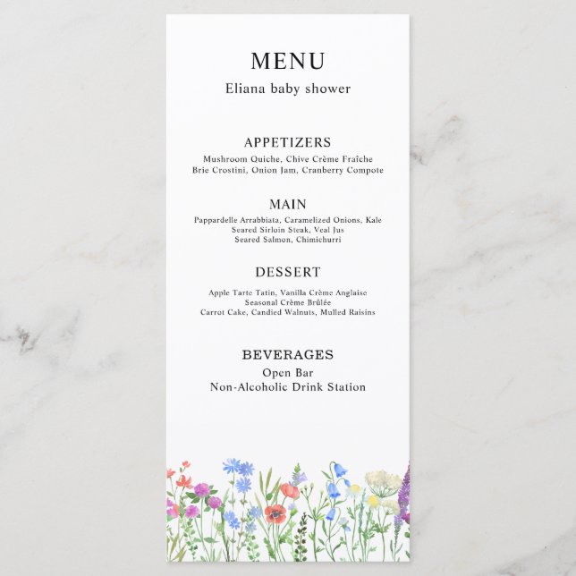 Multihued Wildflower Baby Shower Celebration Menu (Front)