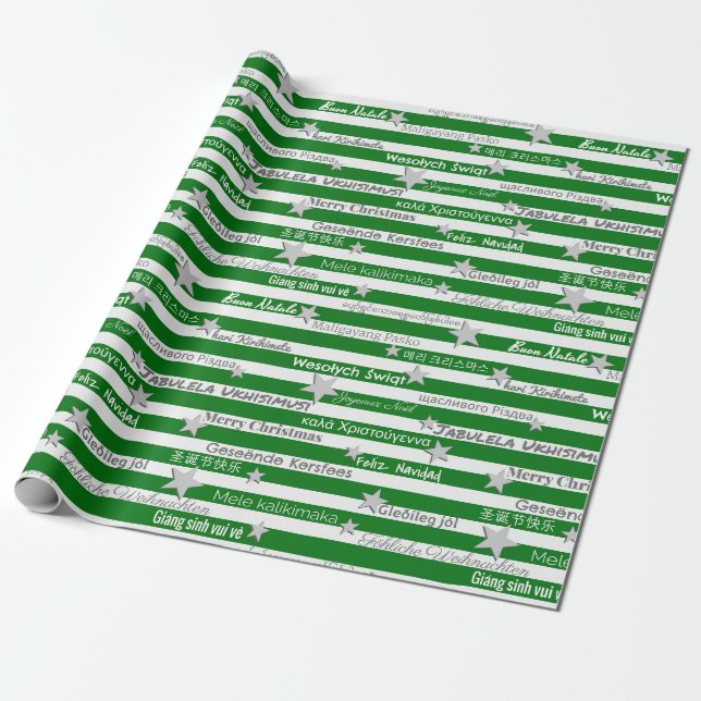 Multilingual Christmas Green Stripe Wrapping Paper (Unrolled)
