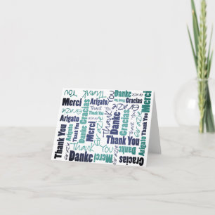 Multilingual Green Blue Typography Collage Thank You Card