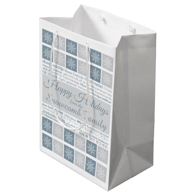 Multilingual “Happy Holidays” custom gift bag (Back Angled)
